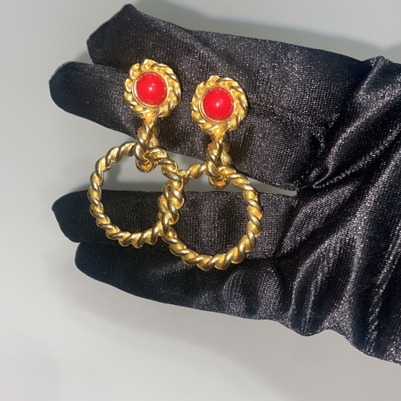 Gold and Red Twisted Hoop Earrings - Picture 3 of 4